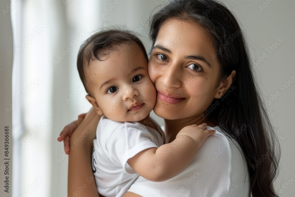 A blissfully smiling Indian mother cradles a baby boy in a white T-shirt, grey top and jeans at home. White background, white walls A blissfully smiling Indian mother cradles a baby boy in a white T-shirt, grey top and jeans at home. White background, white walls