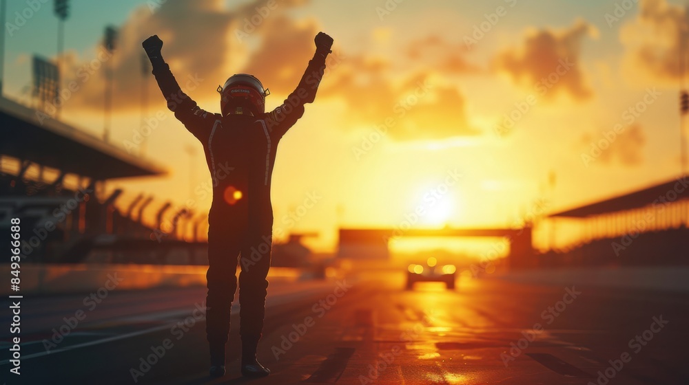 Fototapeta premium Against the backdrop of the setting sun, the silhouette of a race car driver stands in jubilation, arms raised in celebration of a hard-earned victory