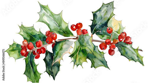Watercolor painting of holly branch with glossy green leaves and red berries. Perfect for festive, Christmas, seasonal, and holiday designs.