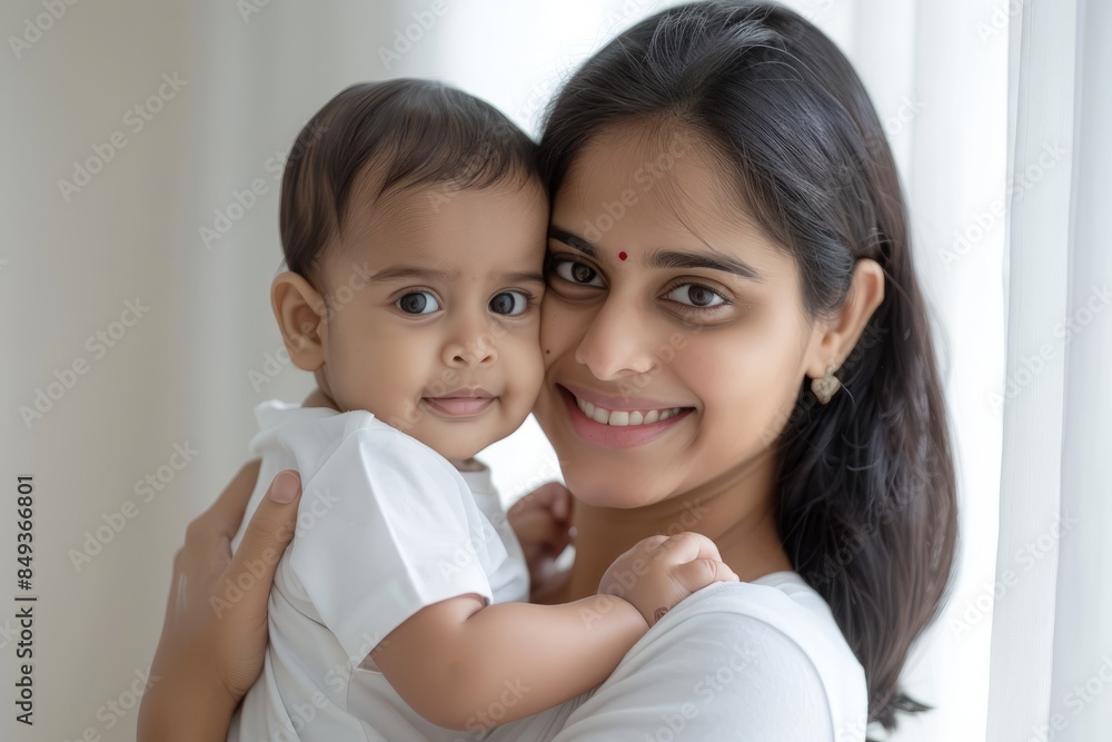 A blissfully smiling Indian mother cradles a baby boy in a white T-shirt, grey top and jeans at home. White background, white walls A blissfully smiling Indian mother cradles a baby boy in a white T-shirt, grey top and jeans at home. White background, white walls