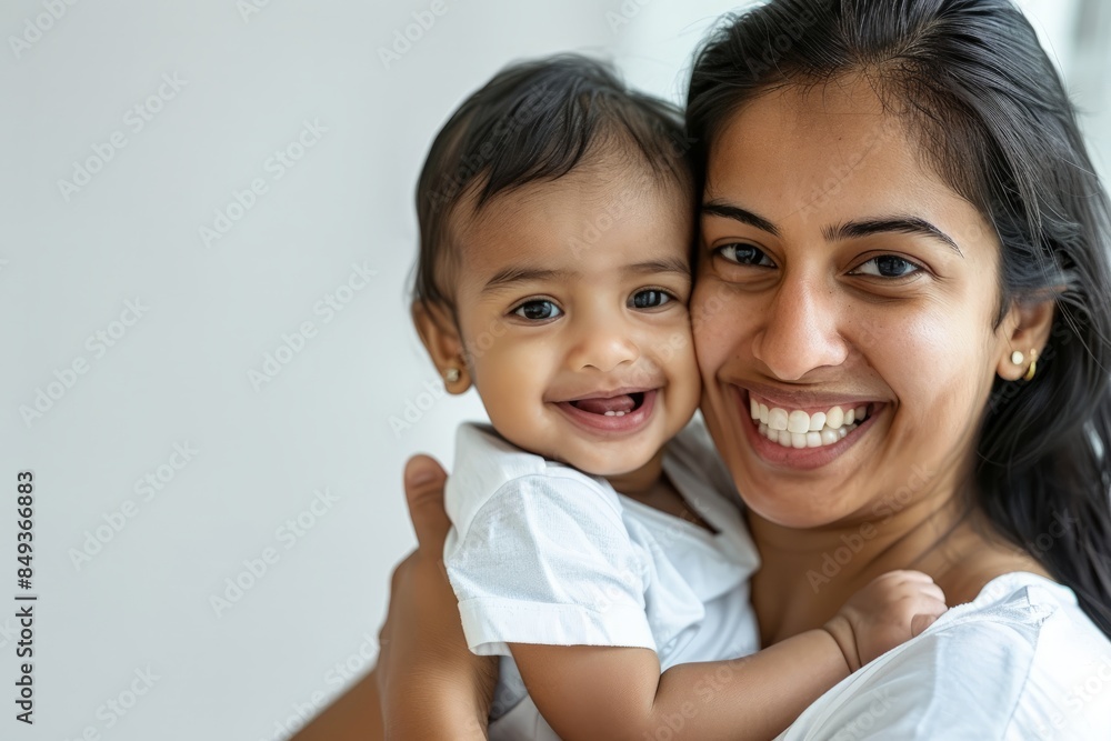 A blissfully smiling Indian mother cradles a baby boy in a white T-shirt, grey top and jeans at home. White background, white walls A blissfully smiling Indian mother cradles a baby boy in a white T-shirt, grey top and jeans at home. White background, white walls