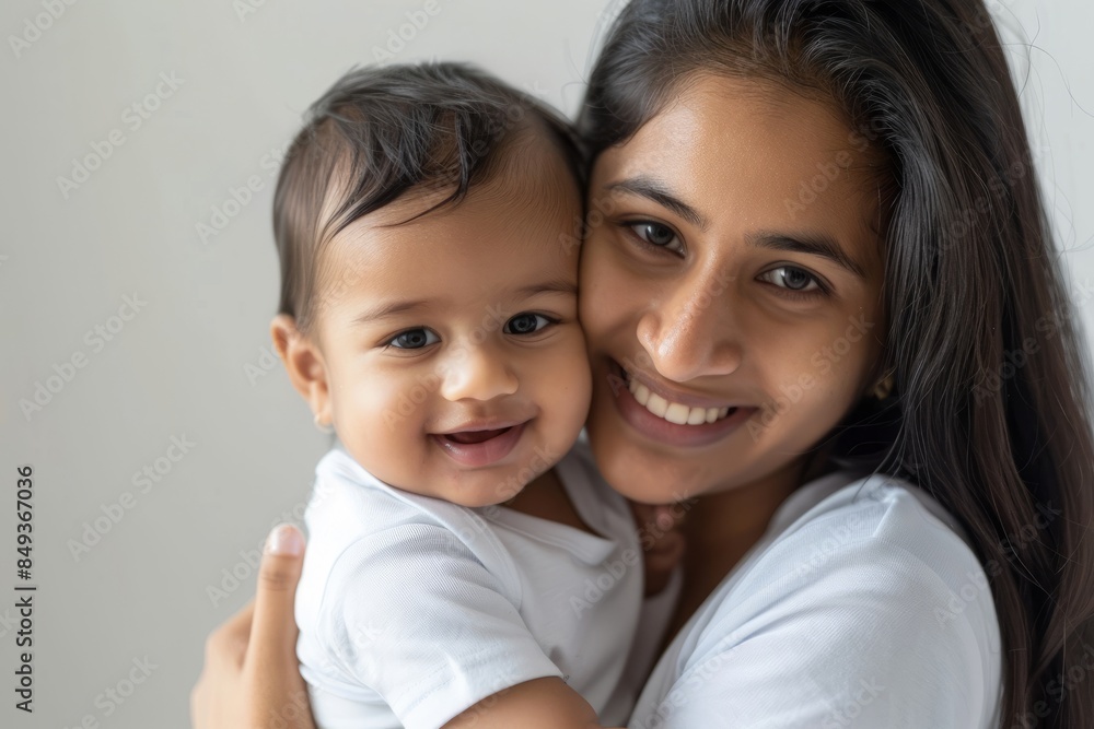 A blissfully smiling Indian mother cradles a baby boy in a white T-shirt, grey top and jeans at home. White background, white walls A blissfully smiling Indian mother cradles a baby boy in a white T-shirt, grey top and jeans at home. White background, white walls