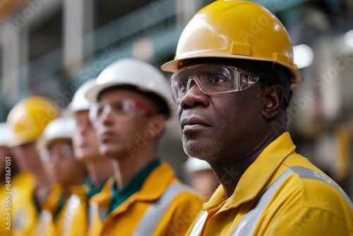a black man in a hard hat and safety vest standing in front of a group of men in yellow hard hats and safety vests