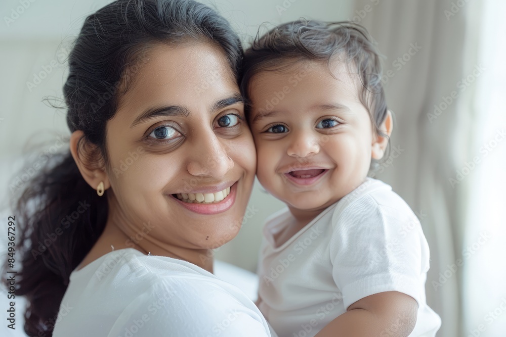 A blissfully smiling Indian mother cradles a baby boy in a white T-shirt, grey top and jeans at home. White background, white walls A blissfully smiling Indian mother cradles a baby boy in a white T-shirt, grey top and jeans at home. White background, white walls