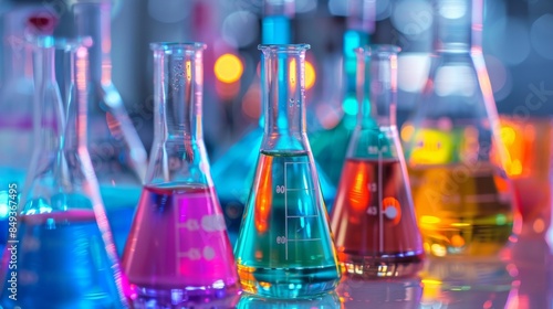 A vibrant laboratory scene with colorful chemical solutions in glass beakers and test tubes under soft, glowing lights.