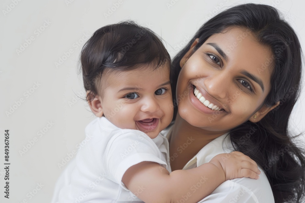 A blissfully smiling Indian mother cradles a baby boy in a white T-shirt, grey top and jeans at home. White background, white walls A blissfully smiling Indian mother cradles a baby boy in a white T-shirt, grey top and jeans at home. White background, white walls