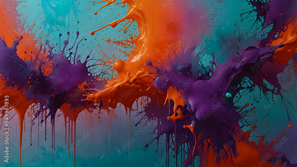 Fototapeta premium A vibrant abstract background with bold splashes of magenta, turquoise, and golden yellow, arranged in a chaotic yet harmonious manner