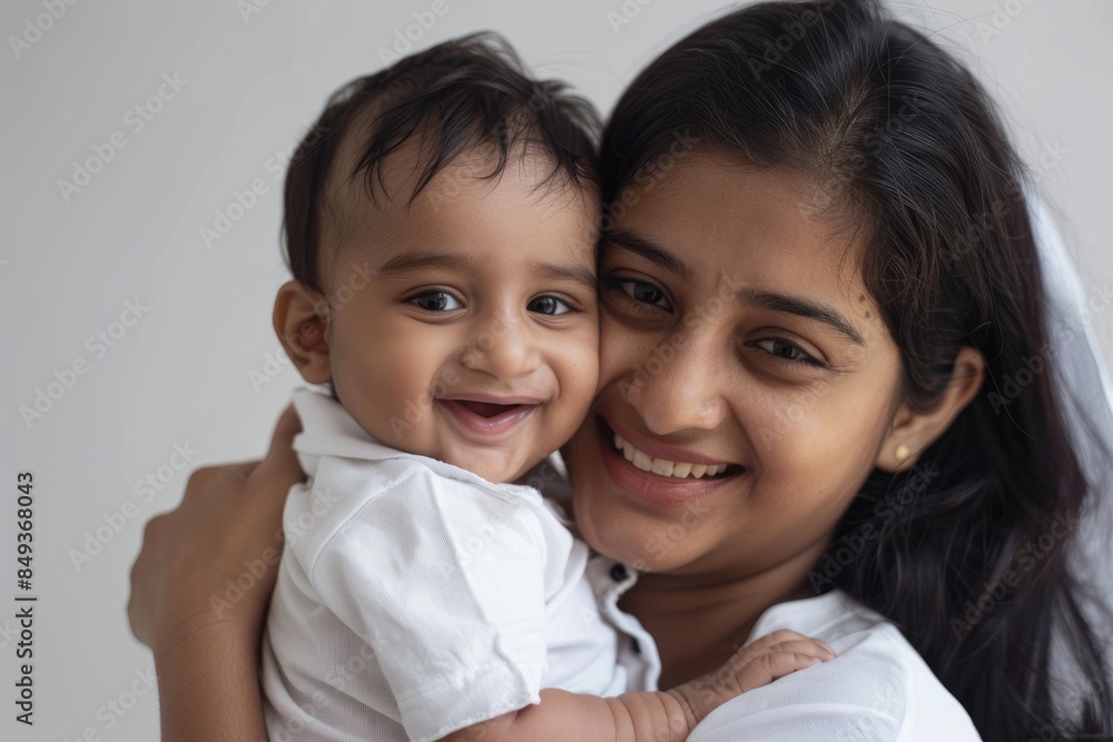 A blissfully smiling Indian mother cradles a baby boy in a white T-shirt, grey top and jeans at home. White background, white walls A blissfully smiling Indian mother cradles a baby boy in a white T-shirt, grey top and jeans at home. White background, white walls