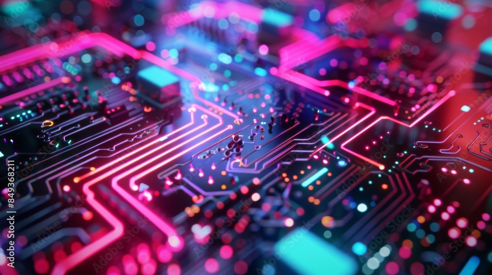 Close-up of a colorful, illuminated circuit board with electronic components, showcasing modern technology and innovation. Close-up of a colorful, illuminated circuit board with electronic components, showcasing modern technology and innovation.