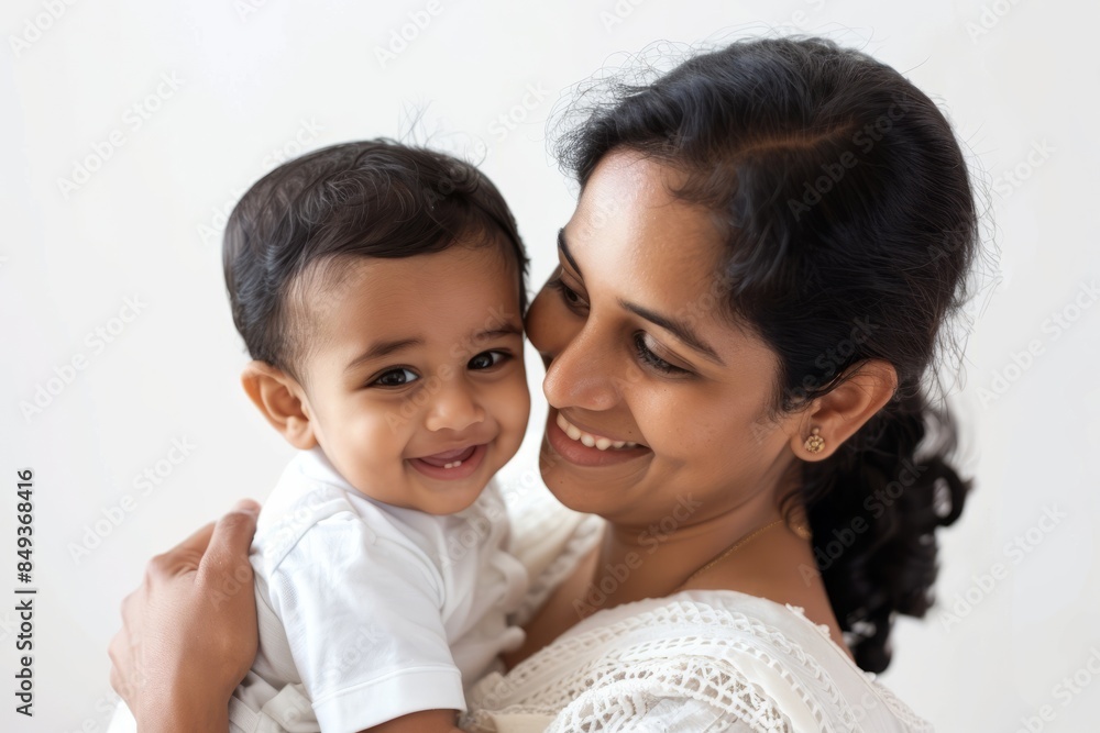 A blissfully smiling Indian mother cradles a baby boy in a white T-shirt, grey top and jeans at home. White background, white walls A blissfully smiling Indian mother cradles a baby boy in a white T-shirt, grey top and jeans at home. White background, white walls