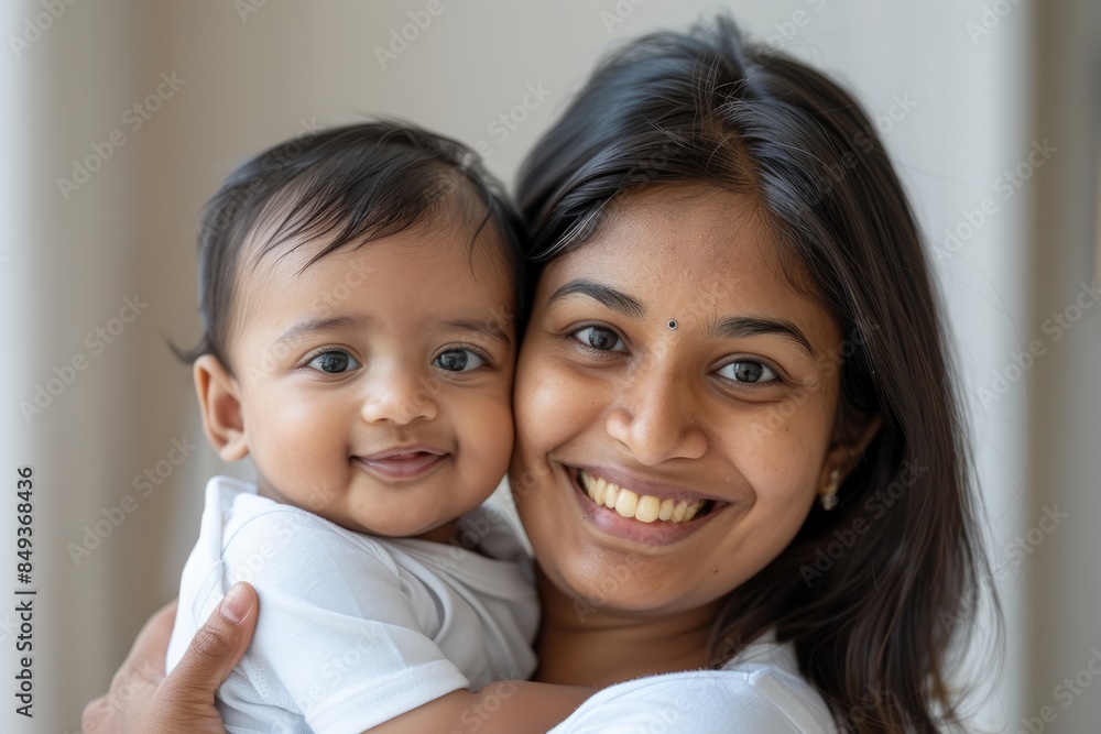 A blissfully smiling Indian mother cradles a baby boy in a white T-shirt, grey top and jeans at home. White background, white walls A blissfully smiling Indian mother cradles a baby boy in a white T-shirt, grey top and jeans at home. White background, white walls