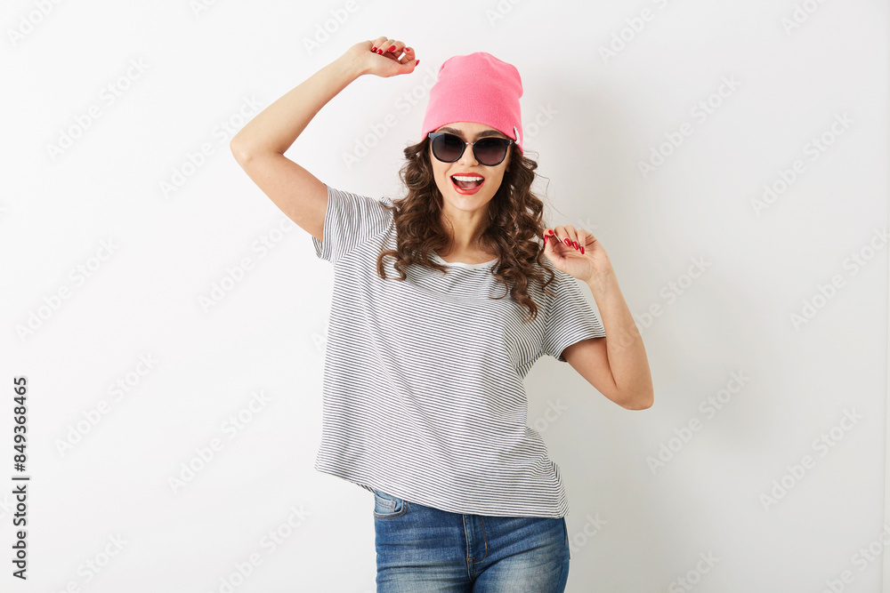 hipster pretty woman in pink hat, sunglasses, dancing happy, smiling face, long hair, positive mood, emotional, hipster style outfit, summer fashion trend, jeans and striped t-shirt, isolated hipster pretty woman in pink hat, sunglasses, dancing happy, smiling face, long hair, positive mood, emotional, hipster style outfit, summer fashion trend, jeans and striped t-shirt, isolated