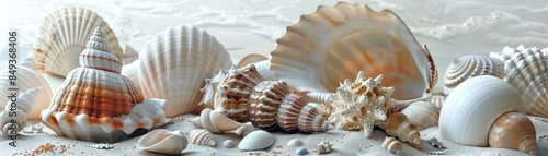 Closeup of a 3D model of a shell collection on a wooden boardwalk