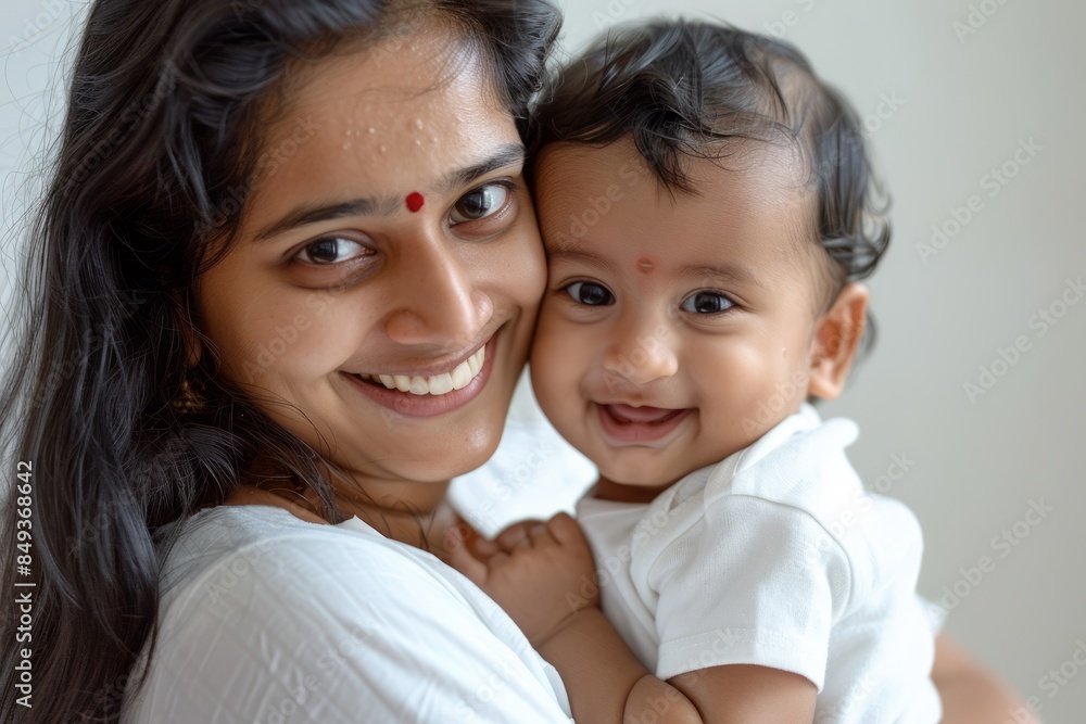 A blissfully smiling Indian mother cradles a baby boy in a white T-shirt, grey top and jeans at home. White background, white walls A blissfully smiling Indian mother cradles a baby boy in a white T-shirt, grey top and jeans at home. White background, white walls