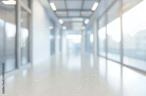 Modern Minimalist Office Space with Sunlit Marble Surface and Crystal Accents. Blurry Background with Large Windows and White Walls.