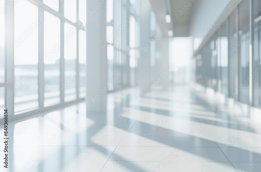 Obraz premium Modern Minimalist Office Space with Sunlit Marble Surface and Crystal Accents. Blurry Background with Large Windows and White Walls.