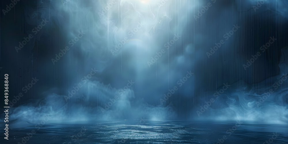 Blue dark abstract light in night background setting with smog, fog, textured smoke, and an empty scene creating a dramatic ethereal atmosphere. Ideal for abstract design, copy space included. Blue dark abstract light in night background setting with smog, fog, textured smoke, and an empty scene creating a dramatic ethereal atmosphere. Ideal for abstract design, copy space included.