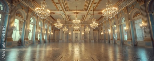 Elegant ballroom adorned with chandeliers, 4K hyperrealistic photo photo