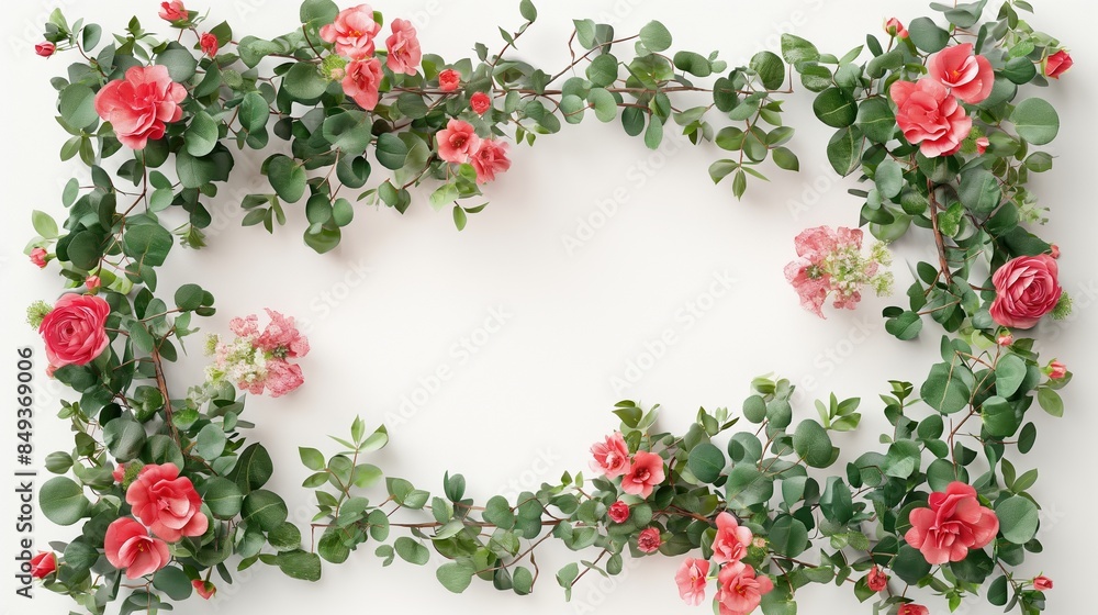 A rectangular frame with geraniums and eucalyptus, space for text, 3D illustration, isolated on white background A rectangular frame with geraniums and eucalyptus, space for text, 3D illustration, isolated on white background