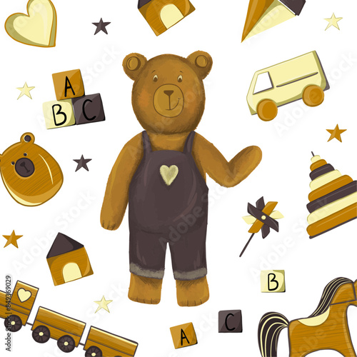 Wooden toys and a cute bear background fro kids
