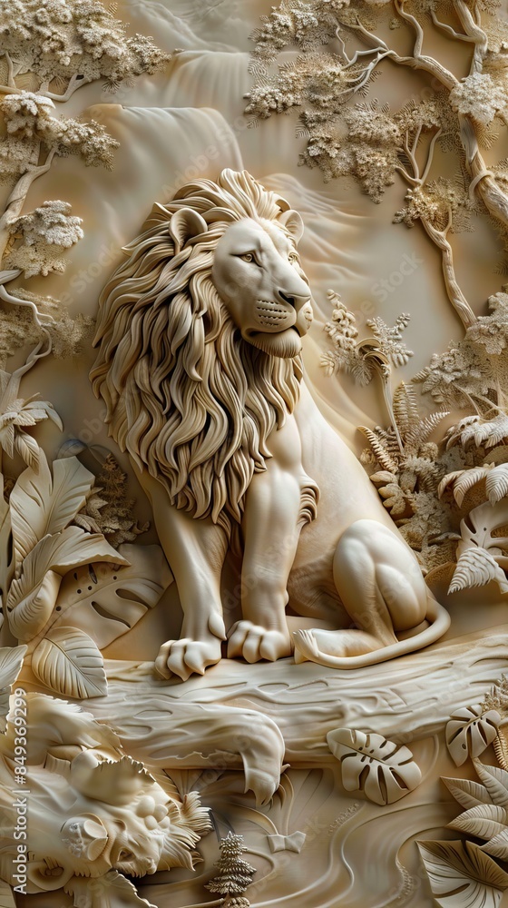 Beautiful lions 3d relief wallpaper. Mural wallpaper. Wall art. AI generated illustration. Beautiful lions 3d relief wallpaper. Mural wallpaper. Wall art. AI generated illustration.