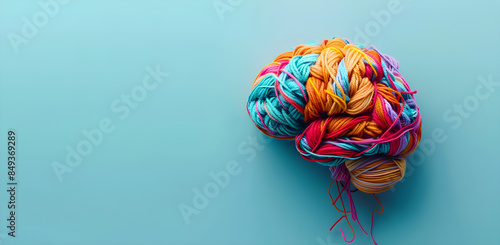 Human brain made of multi-colored tangled threads on blue background, banner with copy space, concept of neurodiversity and mental problems