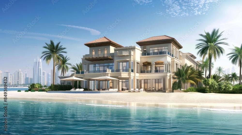 Fototapeta premium Dubai luxury villas real estate on The Palm Jumeirah artificial island panorama