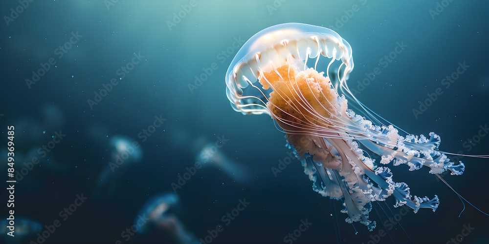 Fototapeta premium A jellyfish swimming underwater in clear ocean water with a view of the seabed, providing copy space for text. Ideal for marine life themes or underwater photography projects.