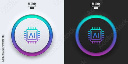 AI Chipset icon. A set of black and white buttons with AI Chipset symbols. Artificial intelligence, Machine learning technology concept. Neumorphism style, UI UX design, Vector illustration.