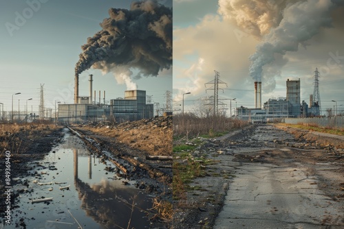 Contrast image showing polluted industrial area clean, restored environment, left side features pollution, decay, right side showcases green energy restoration efforts, environmental change. photo