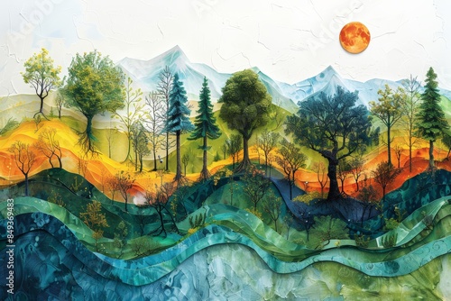 Colorful landscape with layered hills and various trees under bright sun. Symbolizes carbon cycle and seasonal changes. Emphasizes role of forests in carbon sequestration and environmental balance.