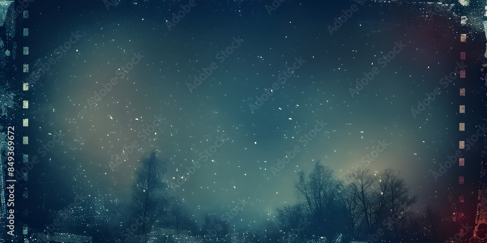 Obraz premium Vintage film borders and frames with a night sky featuring stars and a dark blue background with film grain, dust, and scratches texture overlay, creating a dreamy and moody atmosphere