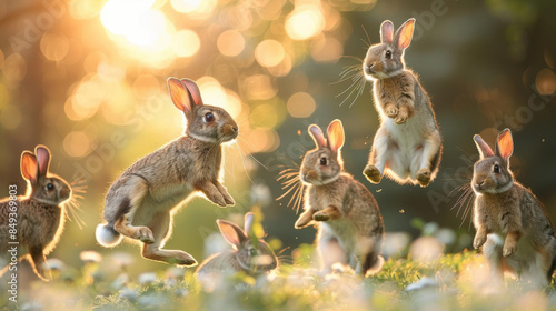 Hopping rabbits in a sunlit meadow, fresh spring air, lively and playful scene, spring for the first time © Pui