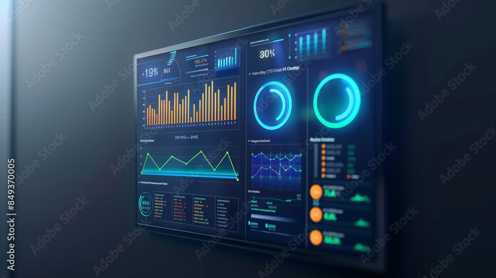A modern digital dashboard displaying financial data and performance metrics through sleek, colorful charts and graphs. The dark background highlights the vibrant visuals, making it ideal for business A modern digital dashboard displaying financial data and performance metrics through sleek, colorful charts and graphs. The dark background highlights the vibrant visuals, making it ideal for business