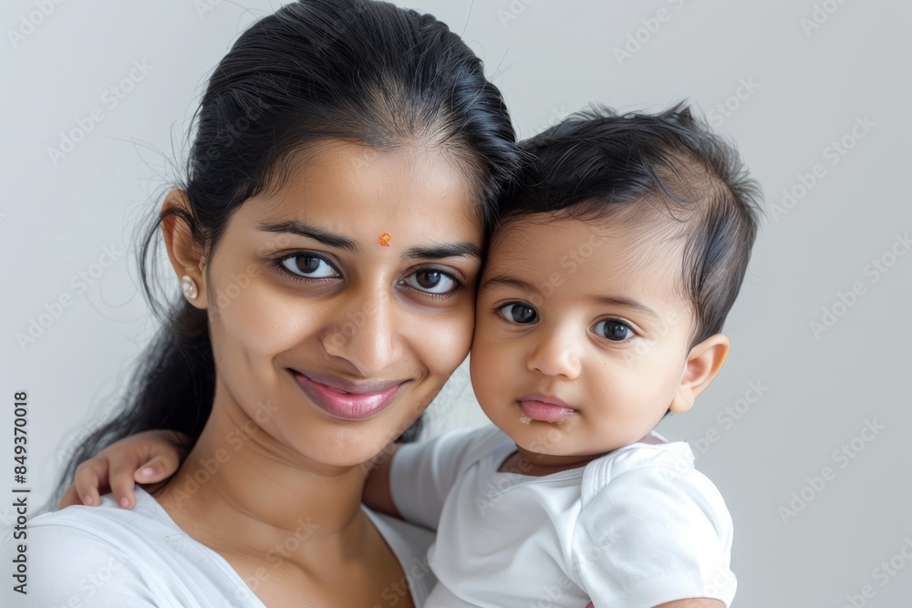 A blissfully smiling Indian mother cradles a baby boy in a white T-shirt, grey top and jeans at home. White background, white walls A blissfully smiling Indian mother cradles a baby boy in a white T-shirt, grey top and jeans at home. White background, white walls