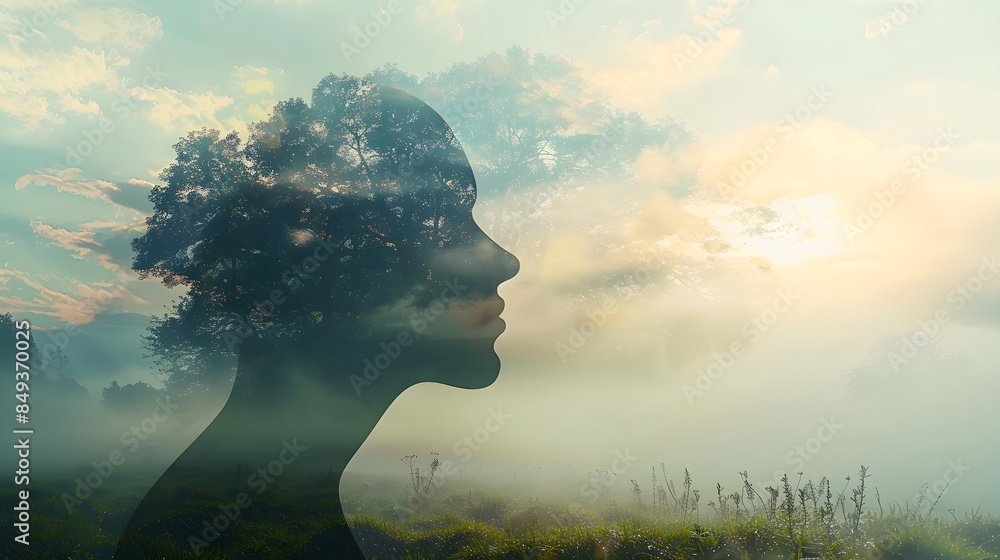 Outline of a human head containing a serene landscape background symbolizing inner peace and mental tranquility with copy space. Outline of a human head containing a serene landscape background symbolizing inner peace and mental tranquility with copy space.