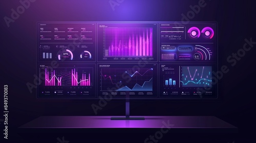 An advanced digital dashboard featuring multiple interactive charts and graphs displaying key business metrics. The sleek design and high-tech visuals make it perfect for real-time data analysis 