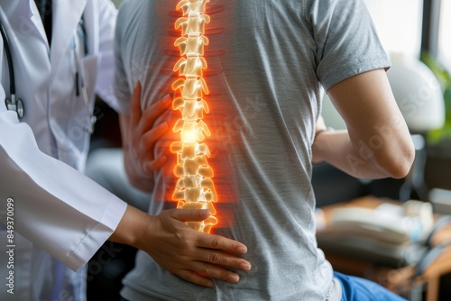 Doctor examining a patient's spine highlighted with pain points, illustrating back pain and medical consultation in a clinic setting.