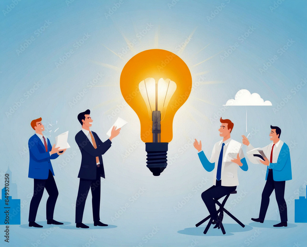 Teamwork and brainstorming concept with businessmen that share an idea with a lamp Teamwork and brainstorming concept with businessmen that share an idea with a lamp