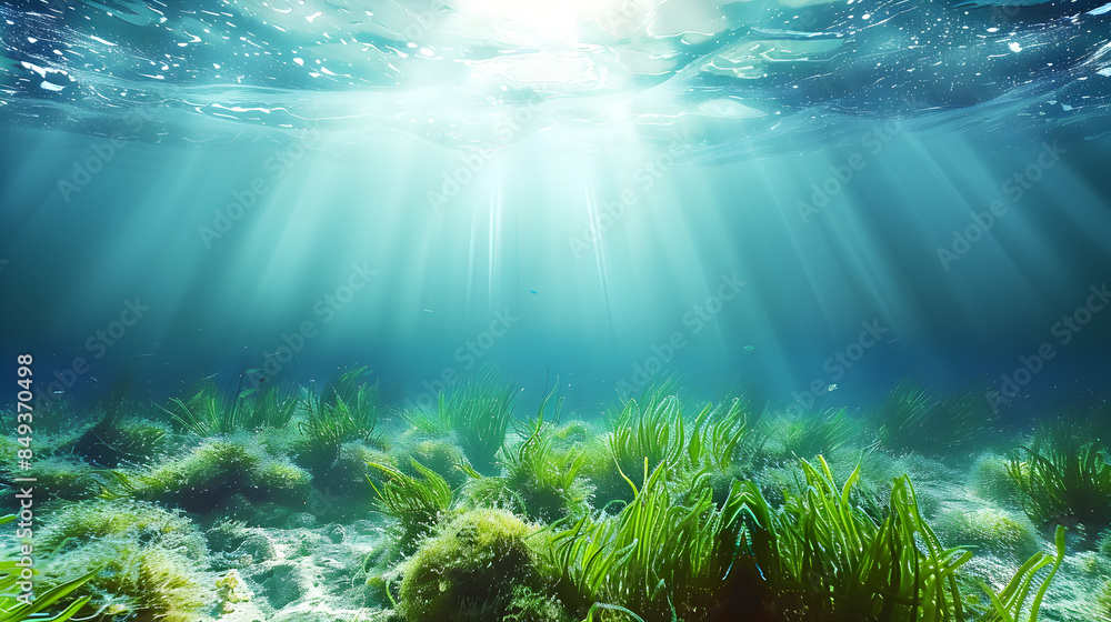 Obraz premium Beautiful sea background with algae on the bottom, featuring large copyspace area with sunlight permeating the clear water, ideal for meditation or environmental themes.