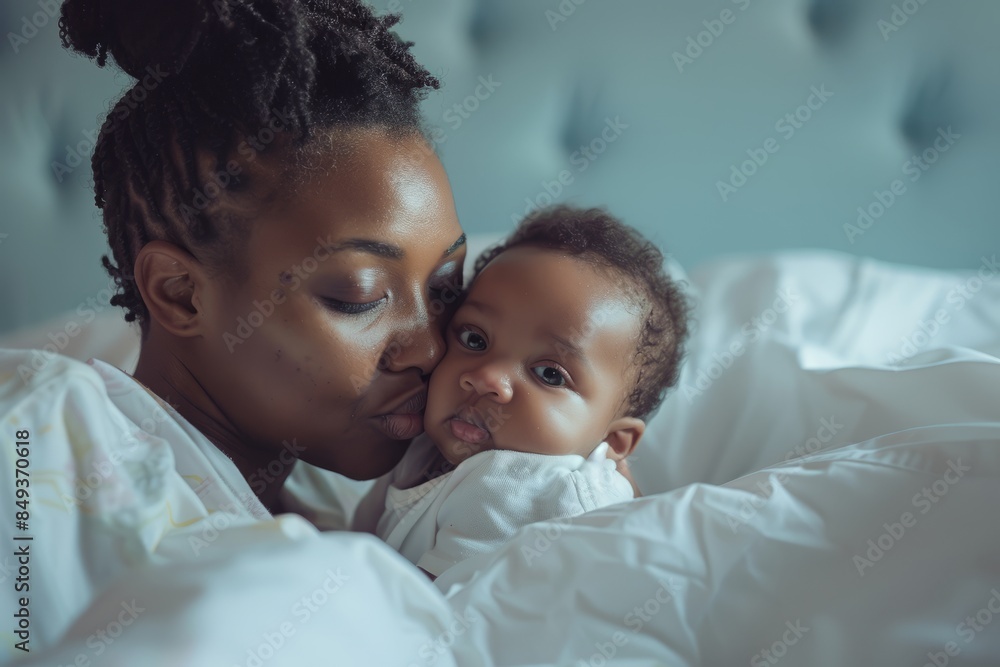 A blissfully smiling Indian mother cradles a baby boy in a white T-shirt, grey top and jeans at home. White background, white walls A blissfully smiling Indian mother cradles a baby boy in a white T-shirt, grey top and jeans at home. White background, white walls