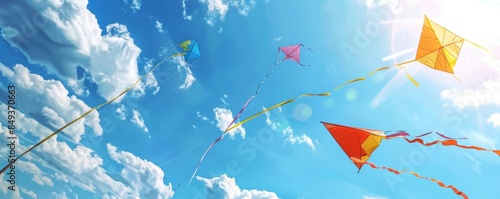 Family flying kites for National Play Outside Day, October 8th, colorful kites against the blue sky, 4K hyperrealistic photo.