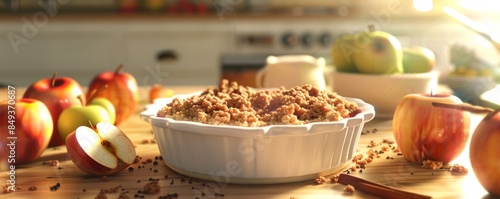 Making apple crisp for National Apple Betty Day, October 5th, warm dessert and cinnamon aroma, 4K hyperrealistic photo. photo