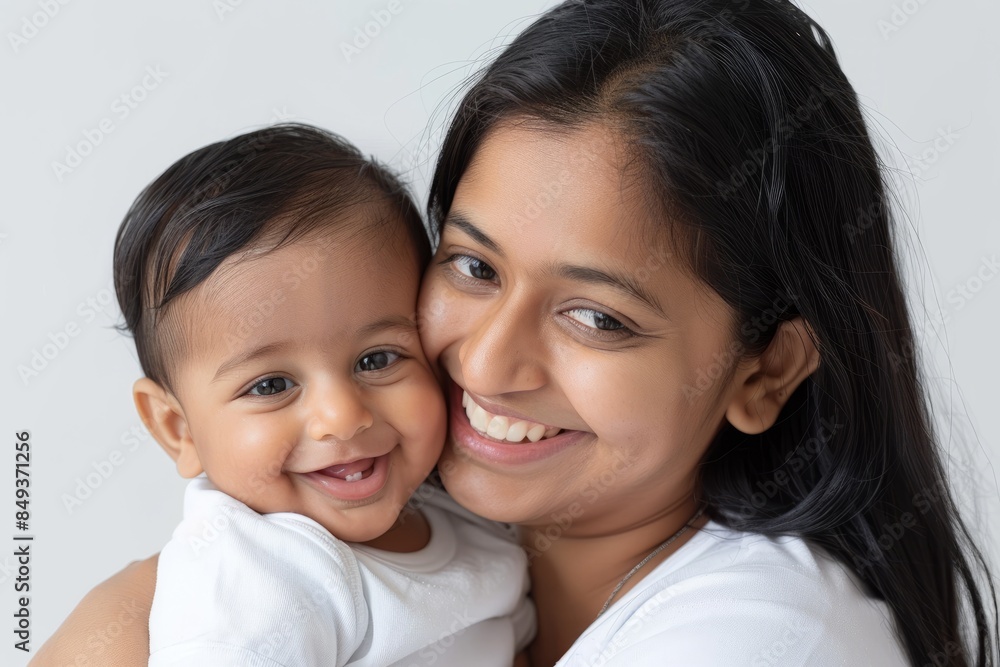 A blissfully smiling Indian mother cradles a baby boy in a white T-shirt, grey top and jeans at home. White background, white walls A blissfully smiling Indian mother cradles a baby boy in a white T-shirt, grey top and jeans at home. White background, white walls