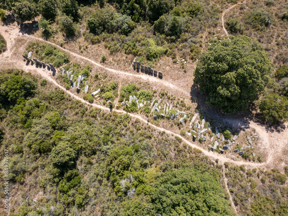 Aerial view of Menhirs of Palaggiu, a large group of prehistoric standing stones in the south of the island of Corsica Aerial view of Menhirs of Palaggiu, a large group of prehistoric standing stones in the south of the island of Corsica