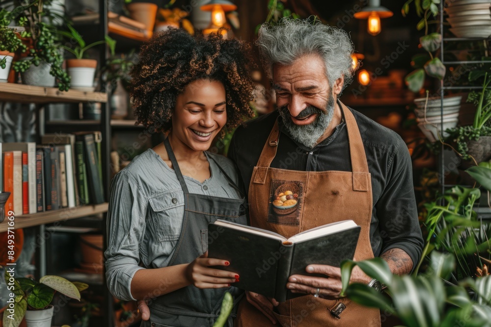A young African American woman and an elderly Caucasian man with a beard smiling as they look at a book together in a greenhouse full of plants. A young African American woman and an elderly Caucasian man with a beard smiling as they look at a book together in a greenhouse full of plants.