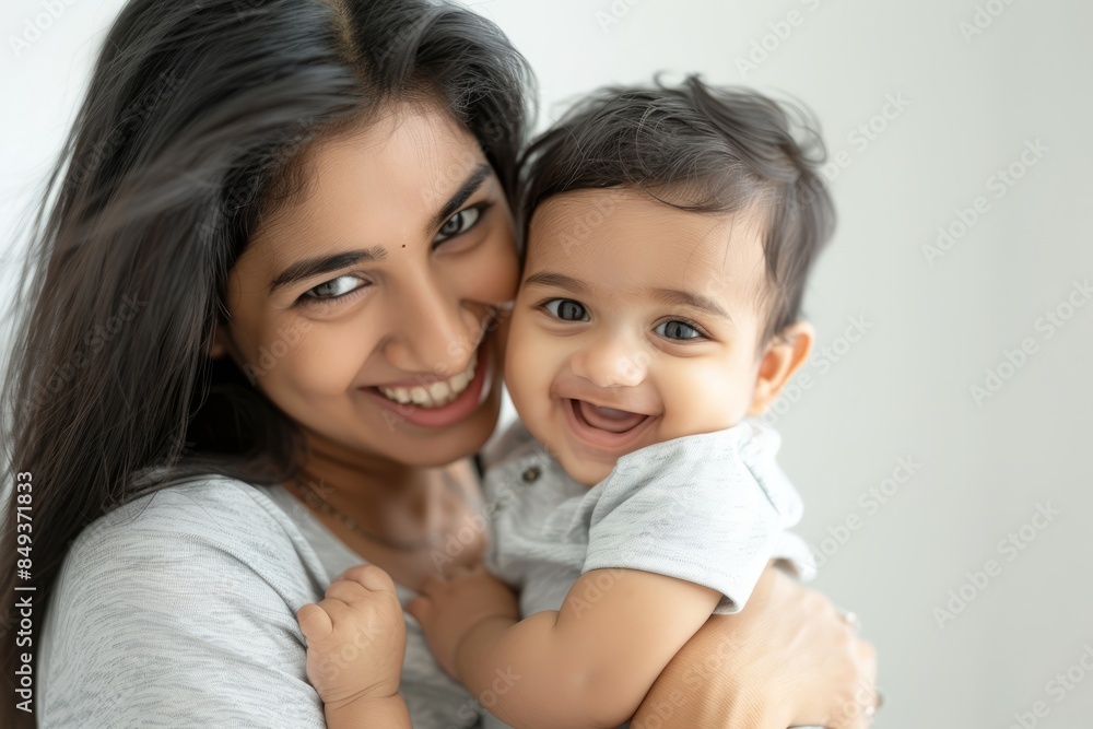 A blissfully smiling Indian mother cradles a baby boy in a white T-shirt, grey top and jeans at home. White background, white walls A blissfully smiling Indian mother cradles a baby boy in a white T-shirt, grey top and jeans at home. White background, white walls