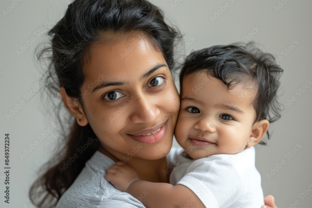 A blissfully smiling Indian mother cradles a baby boy in a white T-shirt, grey top and jeans at home. White background, white walls A blissfully smiling Indian mother cradles a baby boy in a white T-shirt, grey top and jeans at home. White background, white walls