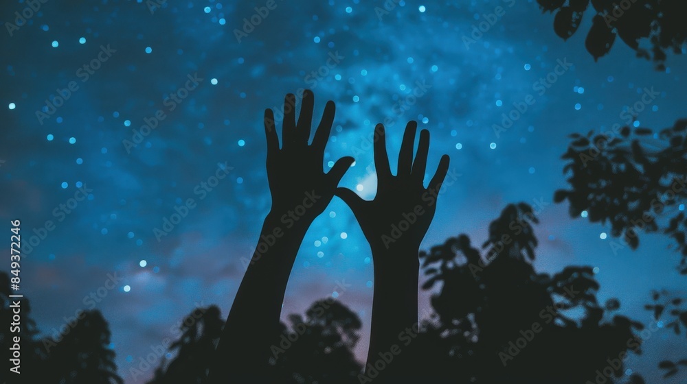 Silhouette human hands raising at night background Silhouette human hands raising at night background