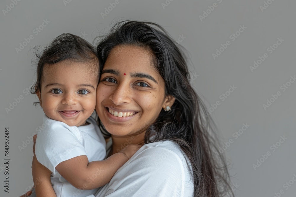 A blissfully smiling Indian mother cradles a baby boy in a white T-shirt, grey top and jeans at home. White background, white walls A blissfully smiling Indian mother cradles a baby boy in a white T-shirt, grey top and jeans at home. White background, white walls